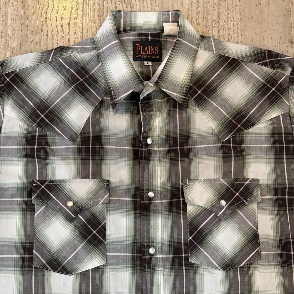 Plains Shirt Mens L Green Plaid‎ Western Short Sleeve Pearl Snap Cowboy Rodeo